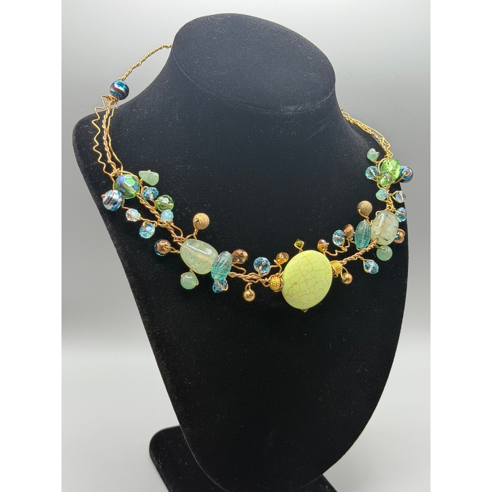 Vintage Natural Stone & Crystal Necklace Handmade Wire Wrapped Statement #1054